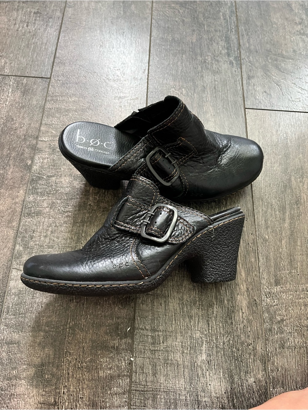 b.o.c. Black Leather Buckled Heel Mules